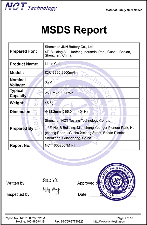 2500mAh MSDS